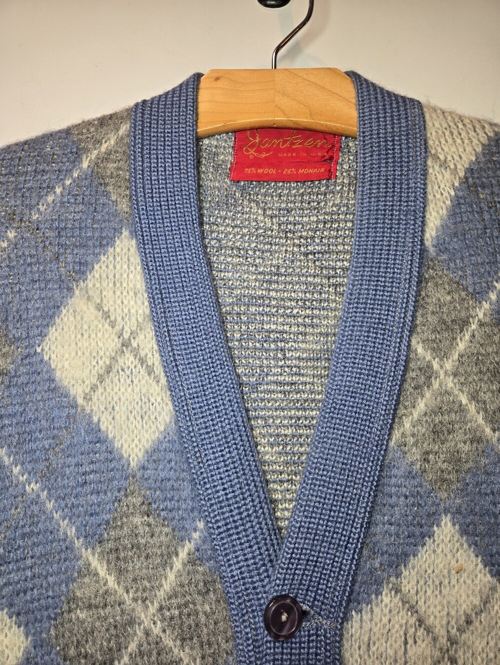 Vintage 60s Jantzen Cardigan Sweater Medium Diamond Print Grandpa - Picture 3 of 6